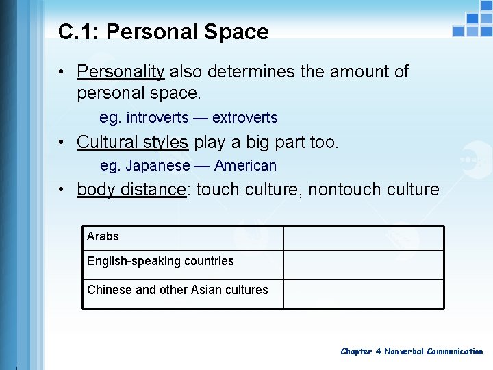 C. 1: Personal Space • Personality also determines the amount of personal space. eg.