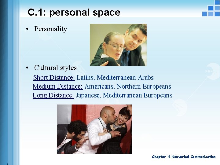 C. 1: personal space • Personality • Cultural styles Short Distance: Latins, Mediterranean Arabs C. 1: personal space • Personality • Cultural styles Short Distance: Latins, Mediterranean Arabs