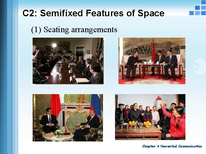 C 2: Semifixed Features of Space (1) Seating arrangements Chapter 4 Nonverbal Communication 