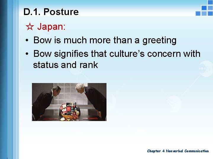 D. 1. Posture ☆ Japan: • Bow is much more than a greeting • D. 1. Posture ☆ Japan: • Bow is much more than a greeting •