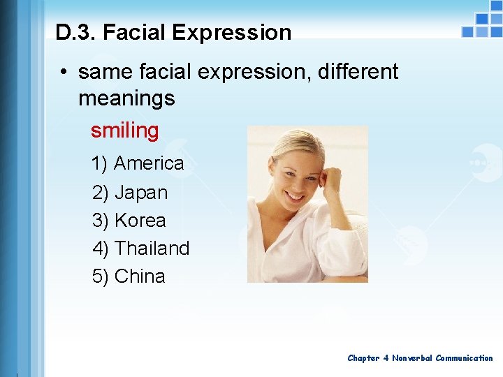 D. 3. Facial Expression • same facial expression, different meanings smiling 1) America 2)