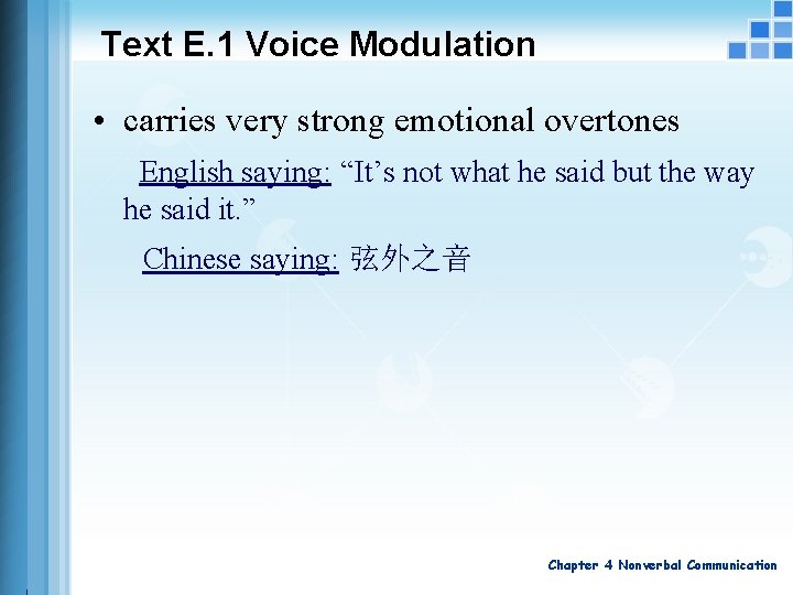 Text E. 1 Voice Modulation • carries very strong emotional overtones English saying: “It’s