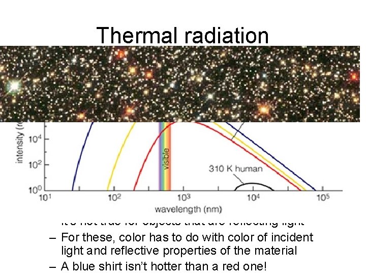 Thermal radiation • Powerful thing about thermal radiation from dense objects: it ONLY depends