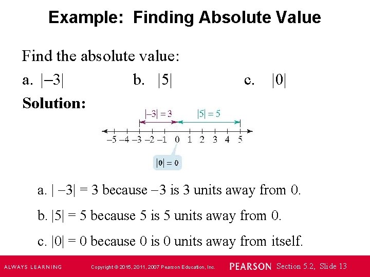 Example: Finding Absolute Value Find the absolute value: a. | 3| b. |5| Solution: