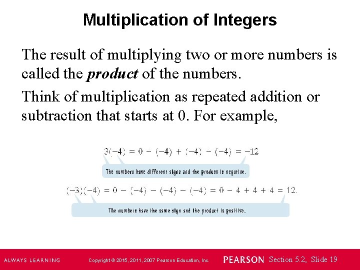 Multiplication of Integers The result of multiplying two or more numbers is called the