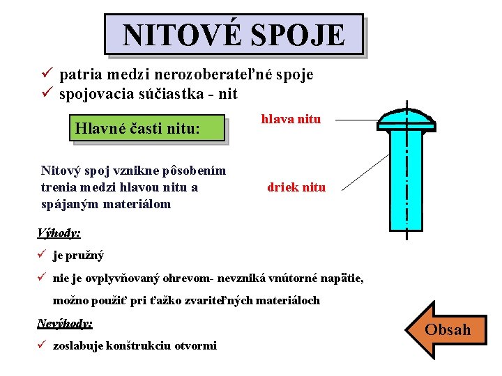 NITOVÉ SPOJE ü patria medzi nerozoberateľné spoje ü spojovacia súčiastka - nit Hlavné časti