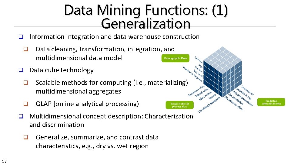 Data Mining Functions: (1) Generalization q q q Data cleaning, transformation, integration, and multidimensional