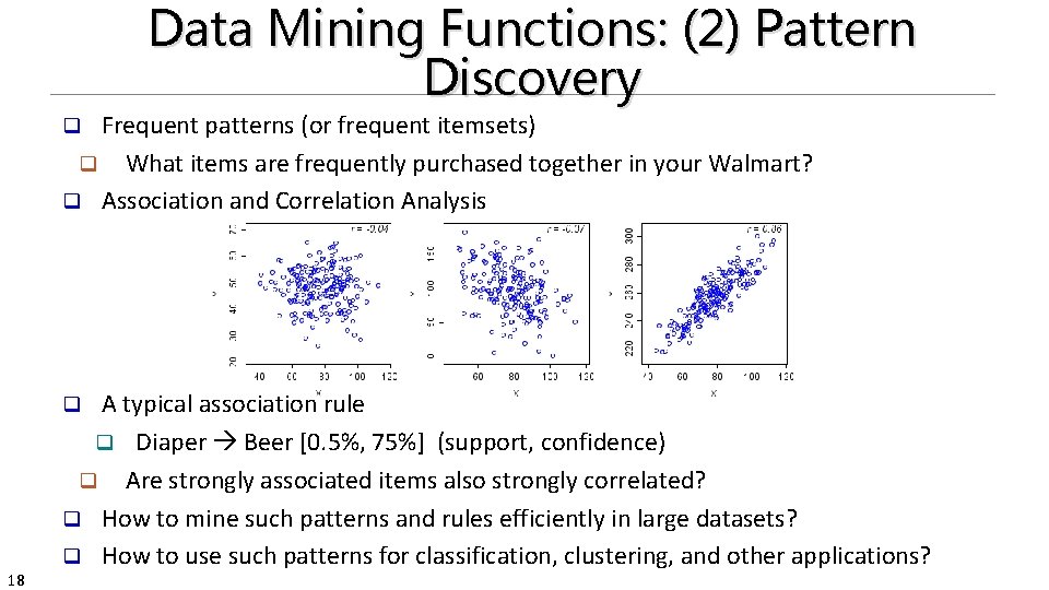 Data Mining Functions: (2) Pattern Discovery Frequent patterns (or frequent itemsets) q What items