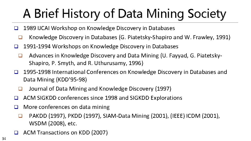 A Brief History of Data Mining Society 1989 IJCAI Workshop on Knowledge Discovery in