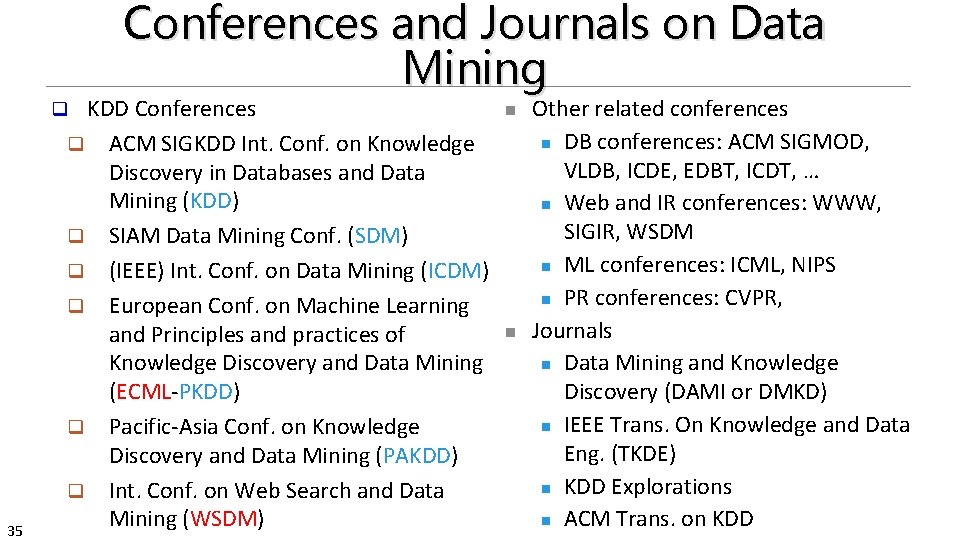 Conferences and Journals on Data Mining KDD Conferences q ACM SIGKDD Int. Conf. on