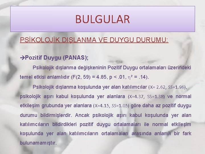 BULGULAR PSİKOLOJİK DIŞLANMA VE DUYGU DURUMU: Pozitif Duygu (PANAS); Psikolojik dışlanma değişkeninin Pozitif Duygu