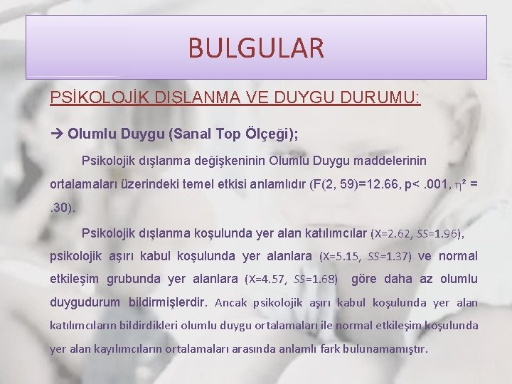 BULGULAR PSİKOLOJİK DIŞLANMA VE DUYGU DURUMU: Olumlu Duygu (Sanal Top Ölçeği); Psikolojik dışlanma değişkeninin