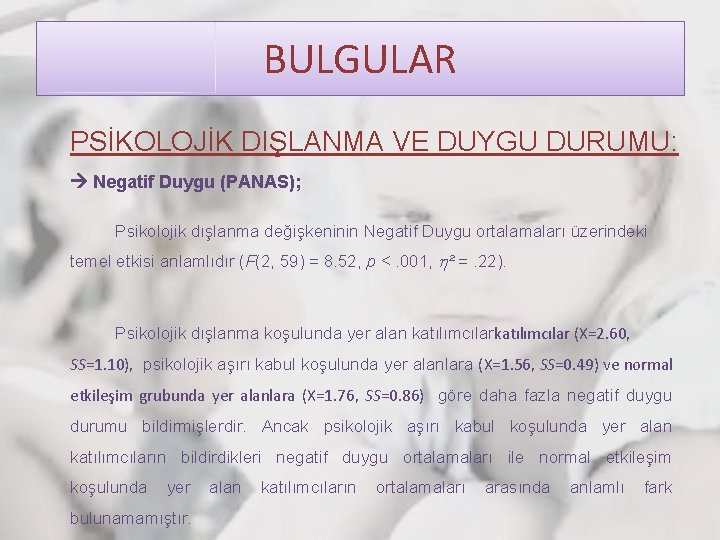 BULGULAR PSİKOLOJİK DIŞLANMA VE DUYGU DURUMU: Negatif Duygu (PANAS); Psikolojik dışlanma değişkeninin Negatif Duygu