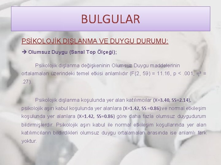 BULGULAR PSİKOLOJİK DIŞLANMA VE DUYGU DURUMU: Olumsuz Duygu (Sanal Top Ölçeği); Psikolojik dışlanma değişkeninin