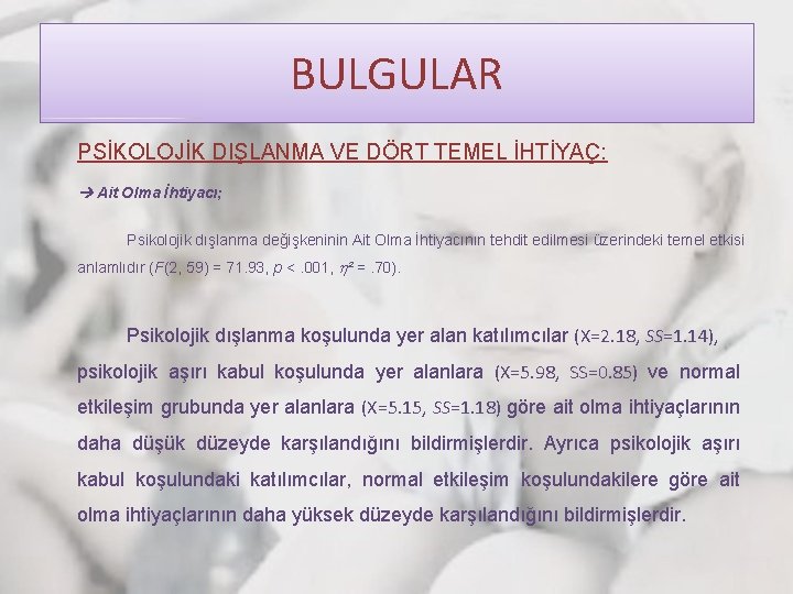 BULGULAR PSİKOLOJİK DIŞLANMA VE DÖRT TEMEL İHTİYAÇ: Ait Olma İhtiyacı; Psikolojik dışlanma değişkeninin Ait