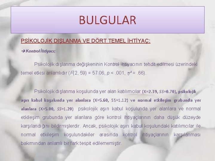 BULGULAR PSİKOLOJİK DIŞLANMA VE DÖRT TEMEL İHTİYAÇ: Kontrol İhtiyacı; Psikolojik dışlanma değişkeninin Kontrol İhtiyacının