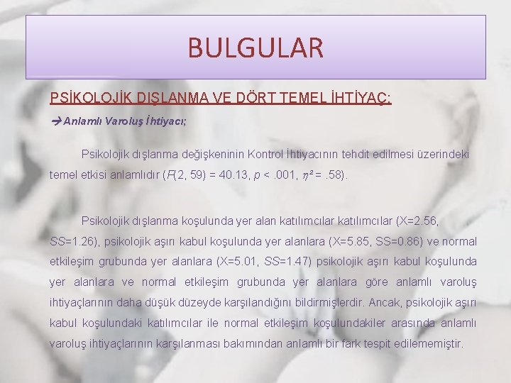 BULGULAR PSİKOLOJİK DIŞLANMA VE DÖRT TEMEL İHTİYAÇ: Anlamlı Varoluş İhtiyacı; Psikolojik dışlanma değişkeninin Kontrol