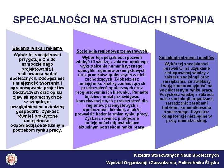 SPECJALNOŚCI NA STUDIACH I STOPNIA Badania rynku i reklamy Wybór tej specjalności przygotuje Cię