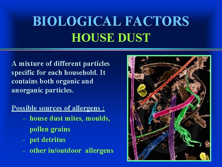 BIOLOGICAL FACTORS HOUSE DUST A mixture of different particles specific for each household. It