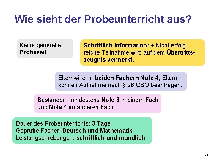 Wie sieht der Probeunterricht aus? Keine generelle Probezeit Schriftlich Information: + Nicht erfolgreiche Teilnahme