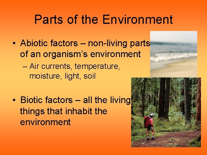 Parts of the Environment • Abiotic factors – non-living parts of an organism’s environment
