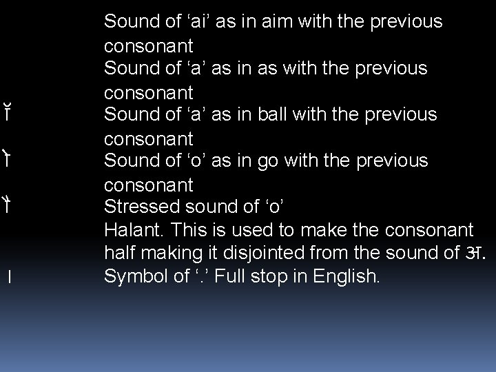  Sound of ‘ai’ as in aim with the previous consonant Sound of ‘a’