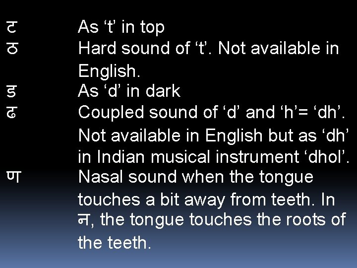 ट As ‘t’ in top ठ Hard sound of ‘t’. Not available in English.