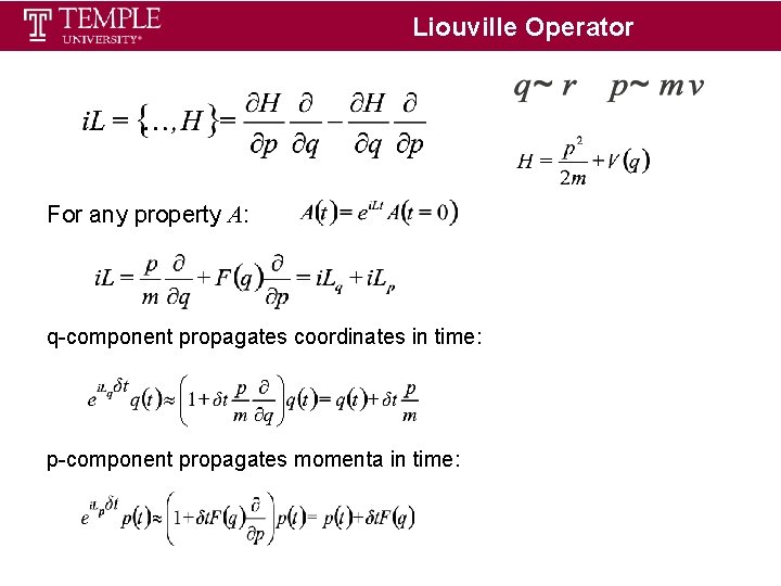 Liouville Operator For any property A: q-component propagates coordinates in time: p-component propagates momenta Liouville Operator For any property A: q-component propagates coordinates in time: p-component propagates momenta