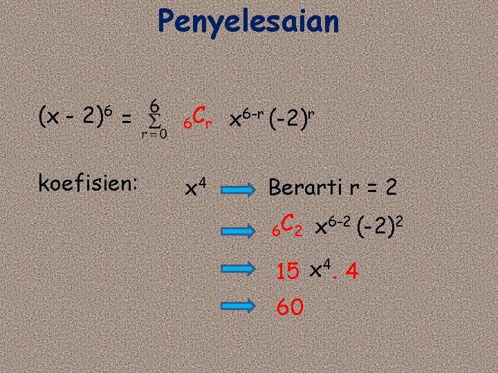 Penyelesaian (x - 2)6 = 6 C r koefisien: x 4 x 6 -r