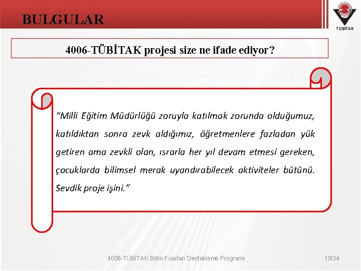 BULGULAR TÜBİTAK 4006 -TÜBİTAK projesi size ne ifade ediyor? “Milli Eğitim Müdürlüğü zoruyla katılmak