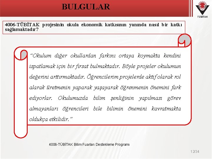 BULGULAR TÜBİTAK 4006 -TÜBİTAK projesinin okula ekonomik katkısının yanında nasıl bir katkı sağlamaktadır? “Okulum