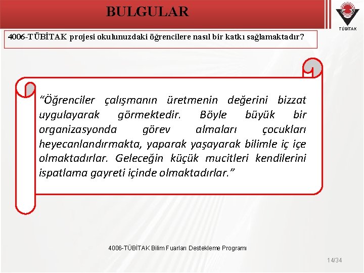 BULGULAR TÜBİTAK 4006 -TÜBİTAK projesi okulunuzdaki öğrencilere nasıl bir katkı sağlamaktadır? “Öğrenciler çalışmanın üretmenin