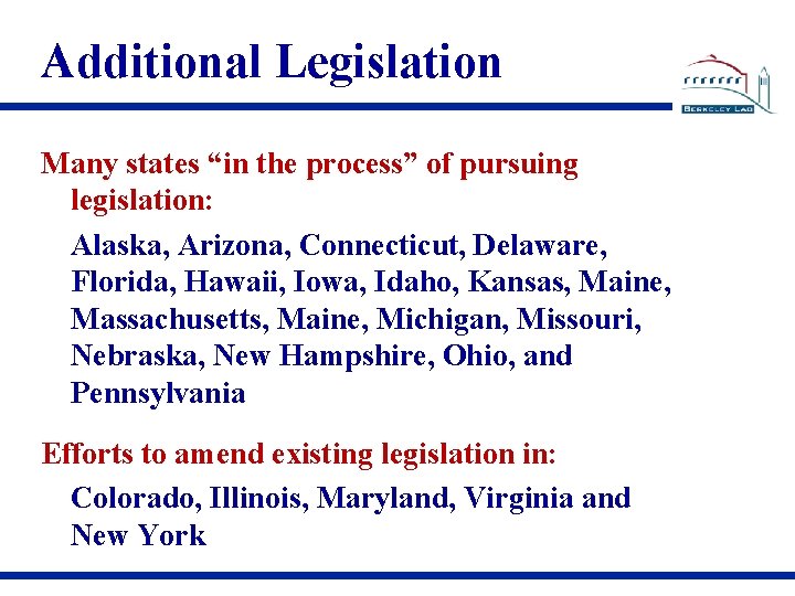 Additional Legislation Many states “in the process” of pursuing legislation: Alaska, Arizona, Connecticut, Delaware,
