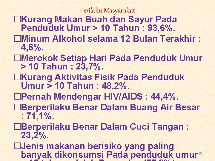 Perilaku Masyarakat �Kurang Makan Buah dan Sayur Pada Penduduk Umur > 10 Tahun :