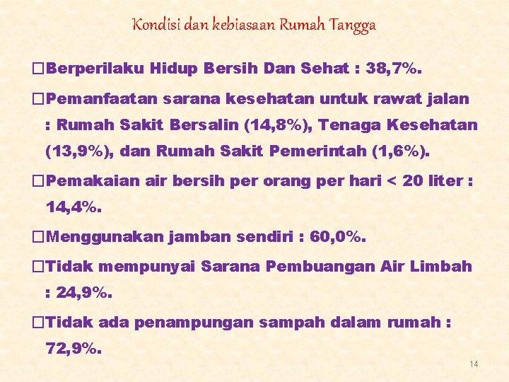 Kondisi dan kebiasaan Rumah Tangga �Berperilaku Hidup Bersih Dan Sehat : 38, 7%. �Pemanfaatan