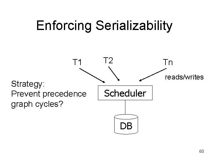 Enforcing Serializability T 1 Strategy: Prevent precedence graph cycles? T 2 Tn reads/writes Scheduler