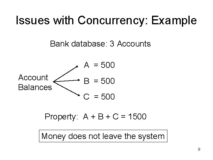 Issues with Concurrency: Example Bank database: 3 Accounts A = 500 Account Balances B