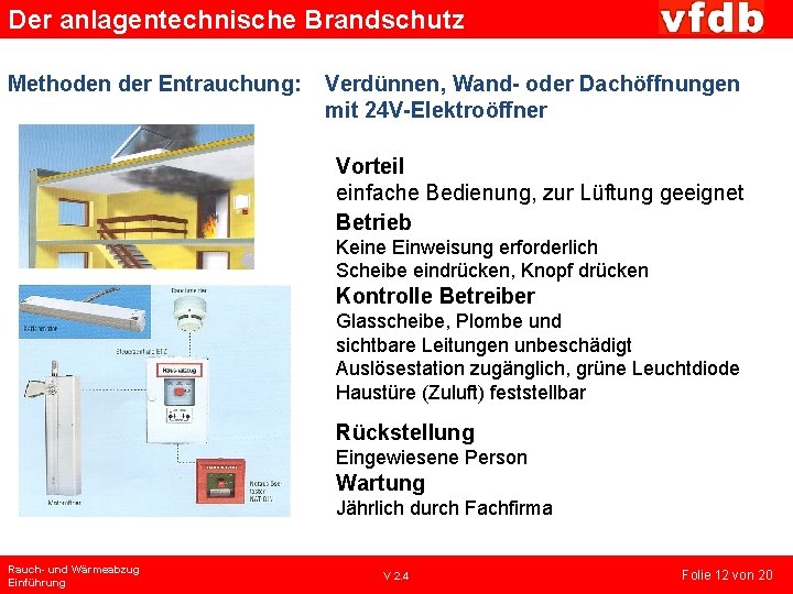 Der anlagentechnische Brandschutz Methoden der Entrauchung: Verdünnen, Wand- oder Dachöffnungen mit 24 V-Elektroöffner Vorteil