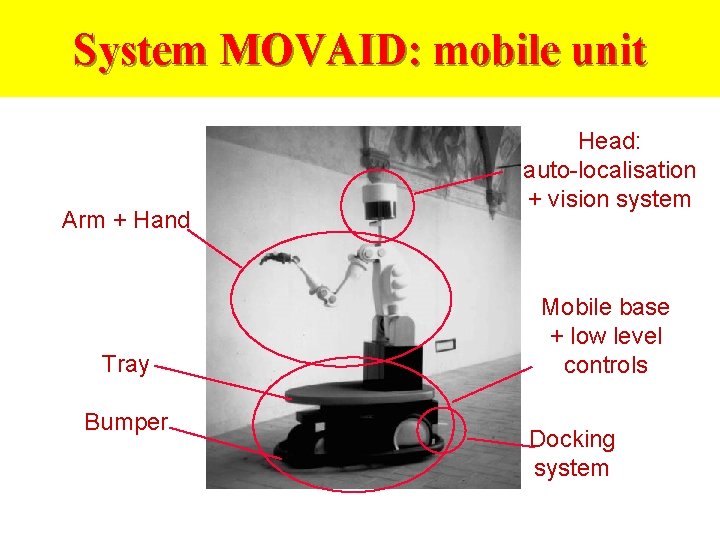 System MOVAID: mobile unit Arm + Hand Tray Bumper Head: auto-localisation + vision system