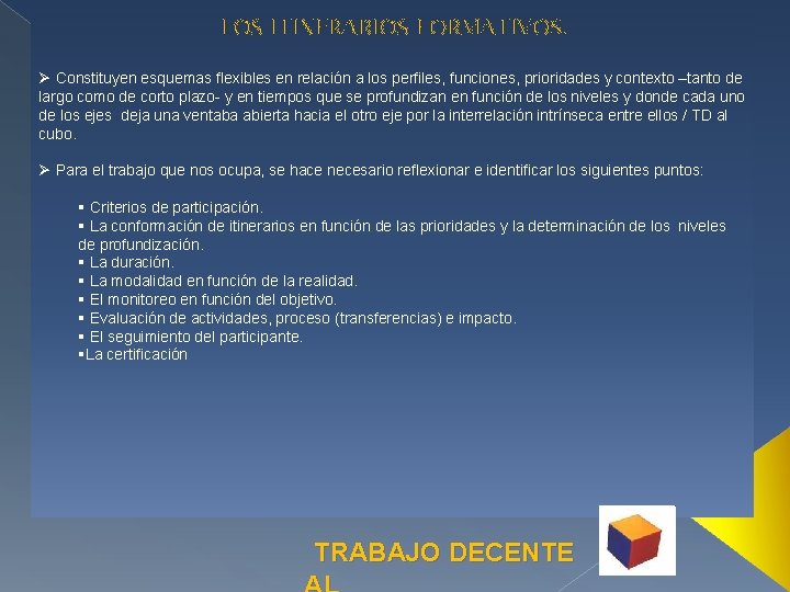 LOS ITINERARIOS FORMATIVOS. Ø Constituyen esquemas flexibles en relación a los perfiles, funciones, prioridades LOS ITINERARIOS FORMATIVOS. Ø Constituyen esquemas flexibles en relación a los perfiles, funciones, prioridades