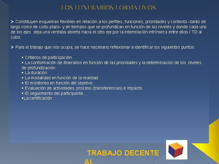 LOS ITINERARIOS FORMATIVOS. Ø Constituyen esquemas flexibles en relación a los perfiles, funciones, prioridades