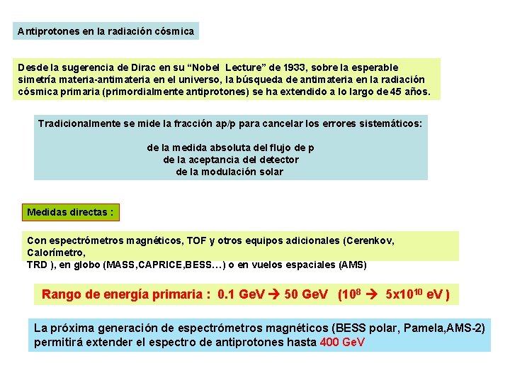 Antiprotones en la radiación cósmica Desde la sugerencia de Dirac en su “Nobel Lecture”