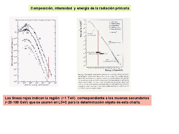 Composición, intensidad y energía de la radiación primaria Las líneas rojas indican la región