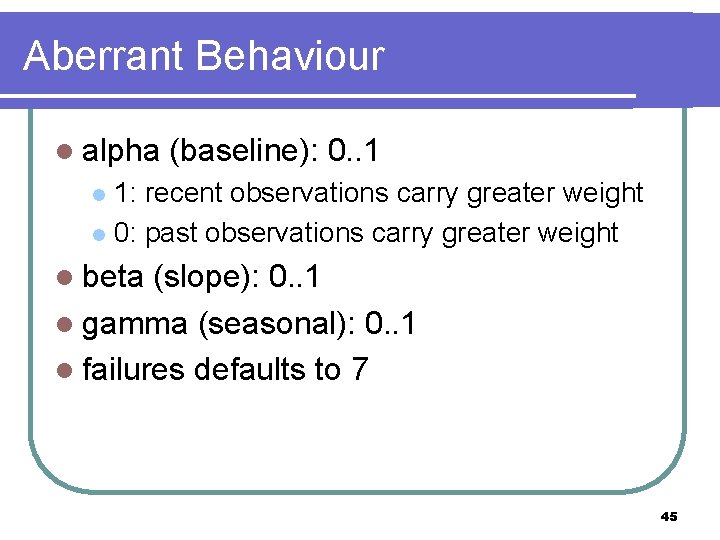 Aberrant Behaviour l alpha (baseline): 0. . 1 1: recent observations carry greater weight