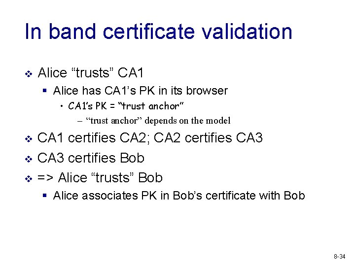 In band certificate validation v Alice “trusts” CA 1 § Alice has CA 1’s