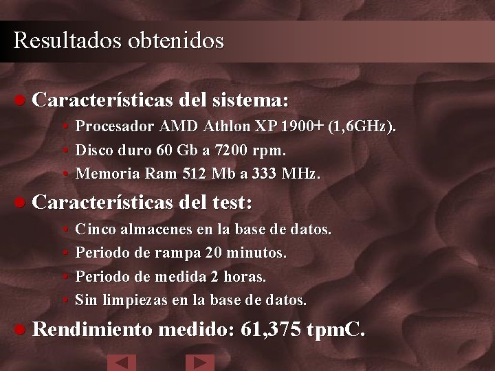 Resultados obtenidos l Características del sistema: • Procesador AMD Athlon XP 1900+ (1, 6