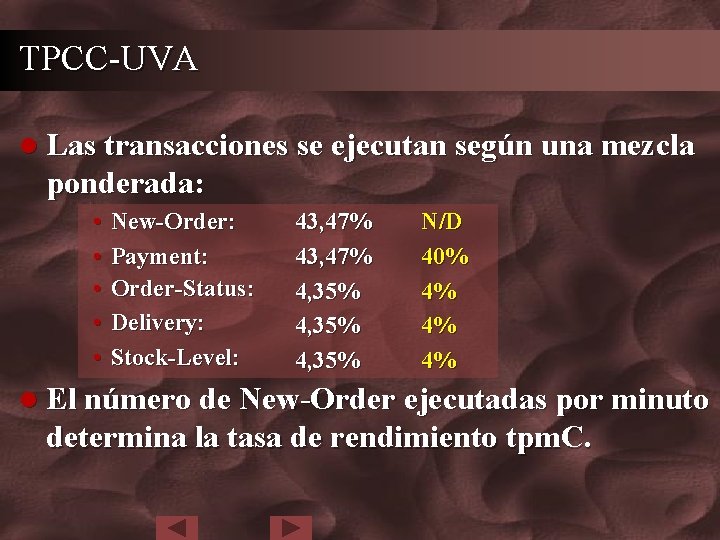 TPCC-UVA l Las transacciones se ejecutan según una mezcla ponderada: • • • New-Order: