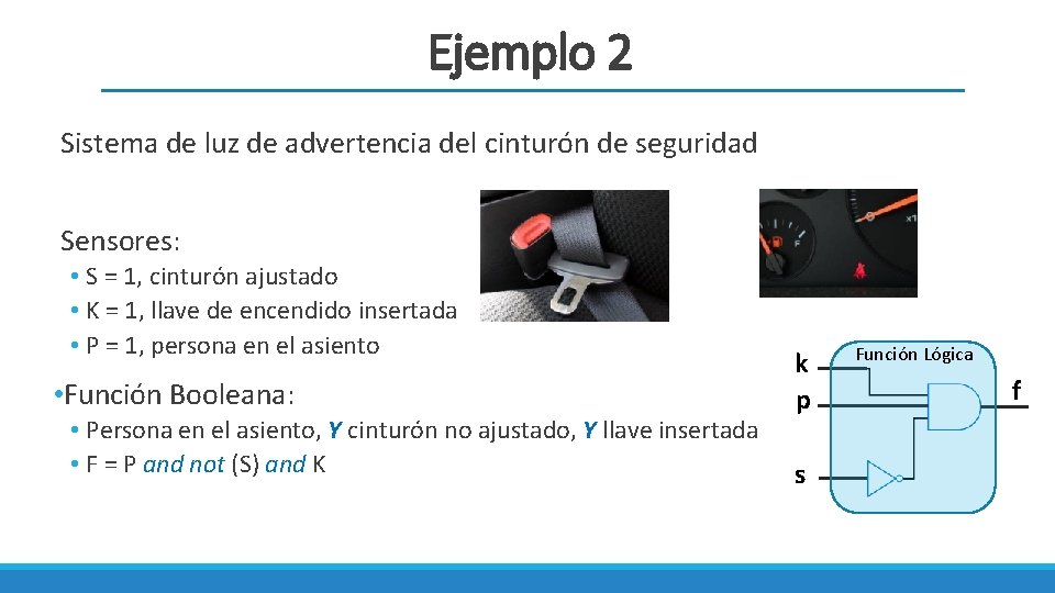 Ejemplo 2 Sistema de luz de advertencia del cinturón de seguridad Sensores: • S