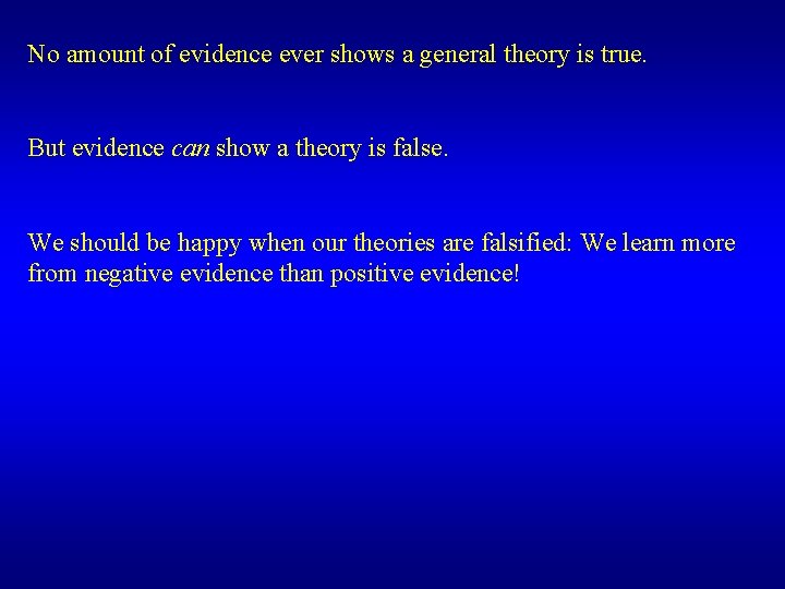 No amount of evidence ever shows a general theory is true. But evidence can