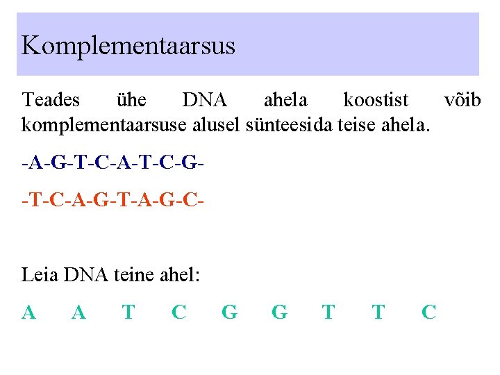 Komplementaarsus Teades ühe DNA ahela koostist võib komplementaarsuse alusel sünteesida teise ahela. -A-G-T-C-A-T-C-G-T-C-A-G-T-A-G-CLeia DNA